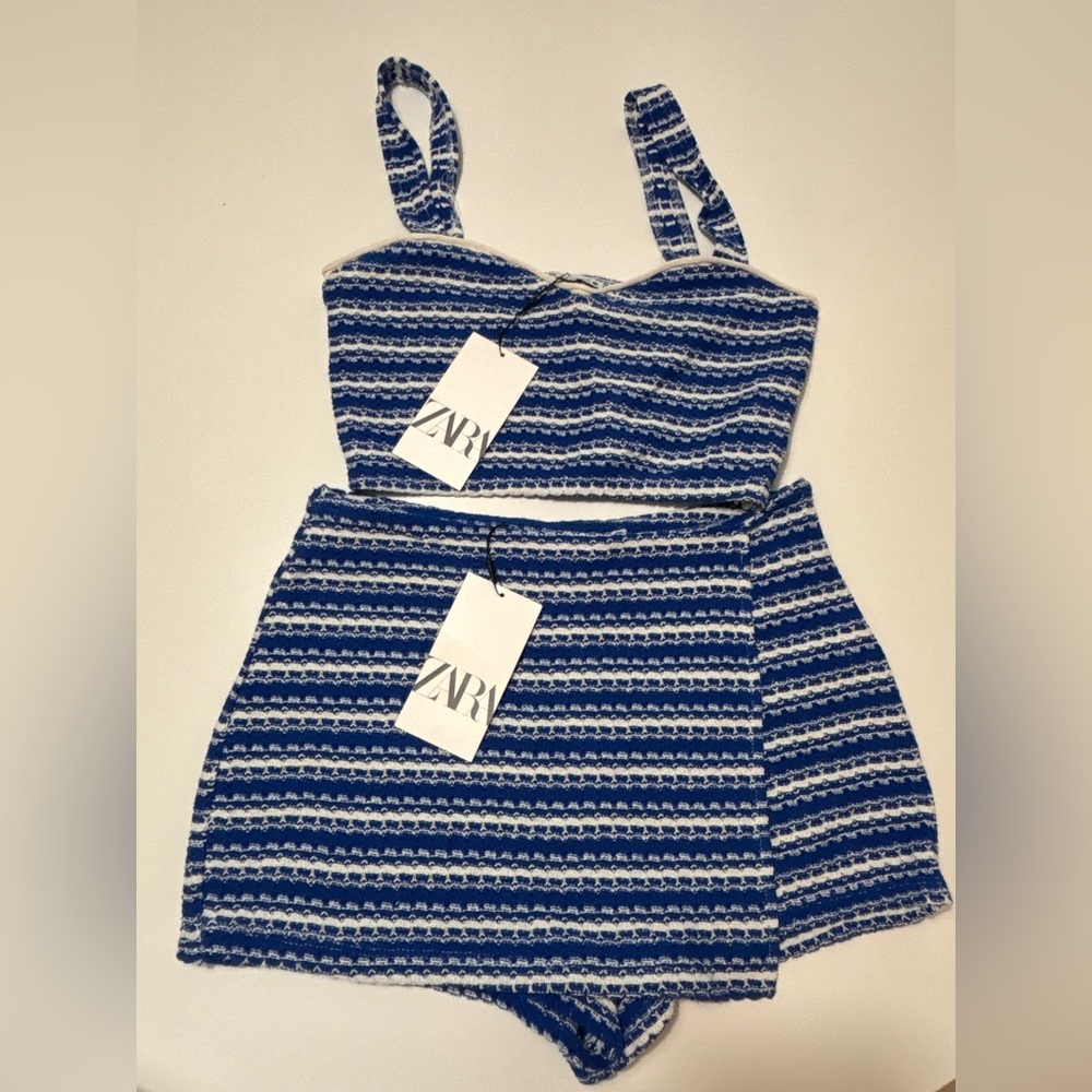 Zara Blue and White Striped Two-Piece Crop Top and Skort Set - Picture 7 of 14